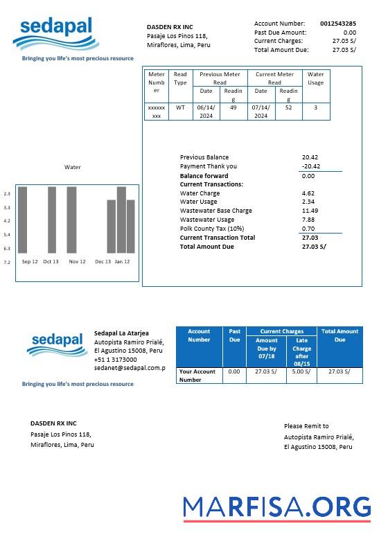 Downloadable Peru Sedapal La Atarjea water business utility bill template in Word and PDF formats